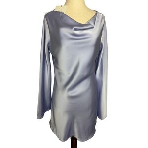 DÈLUC Periwinkle Blue Satin Cowl Neck Long Sleeve Mini Dress Size S NEW